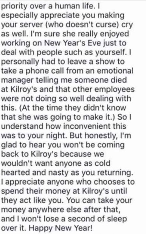 Kilroys Facebook Response