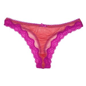 Pink thong panties on white background, front view.