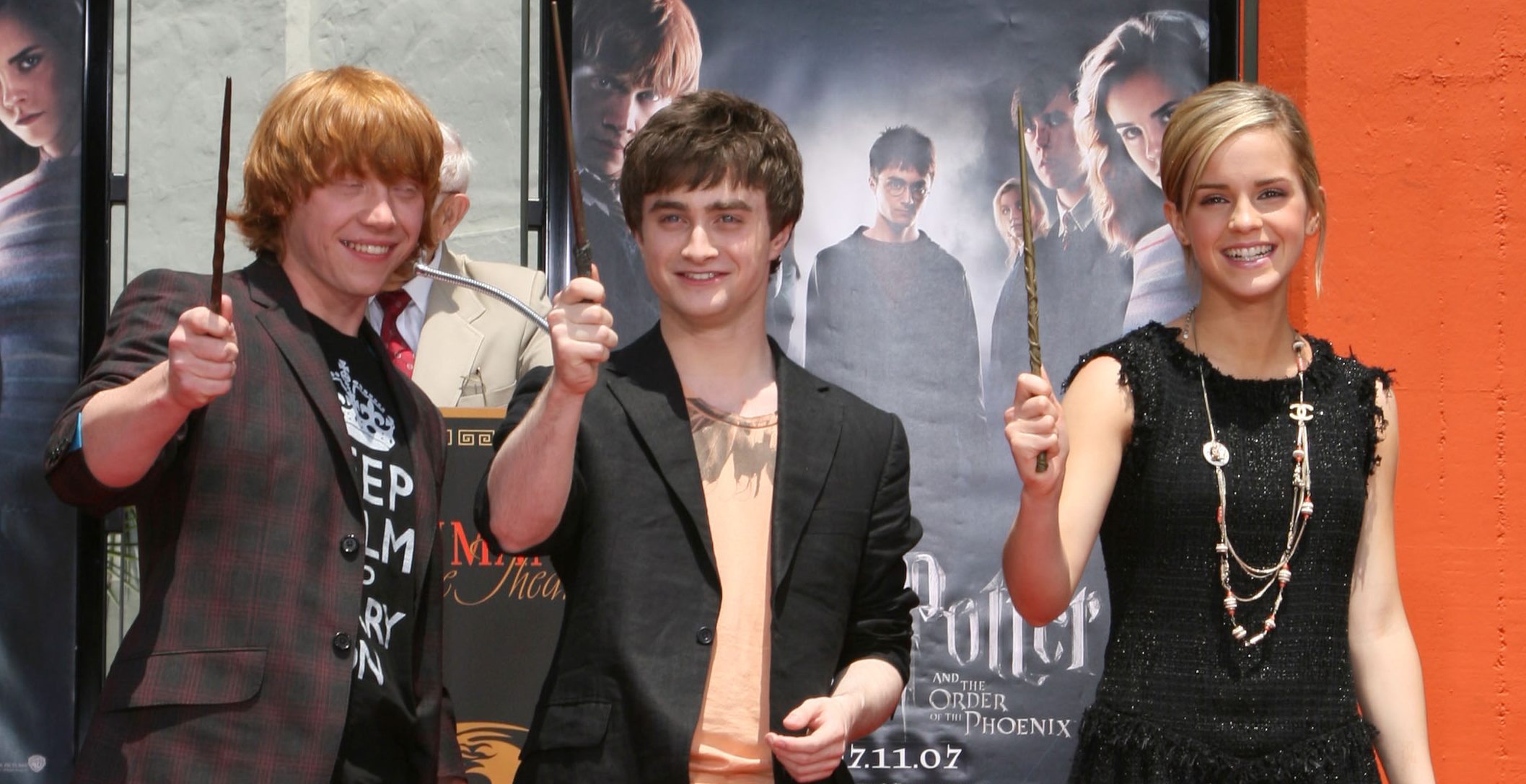 Rupert Grint, actor Daniel Radcliffe and actress Emma Watson attend the Harry Potter cast 'Hand, Foot and Wand-Print' ceremony held at Grauman's Chinese Theater July 9, 2007