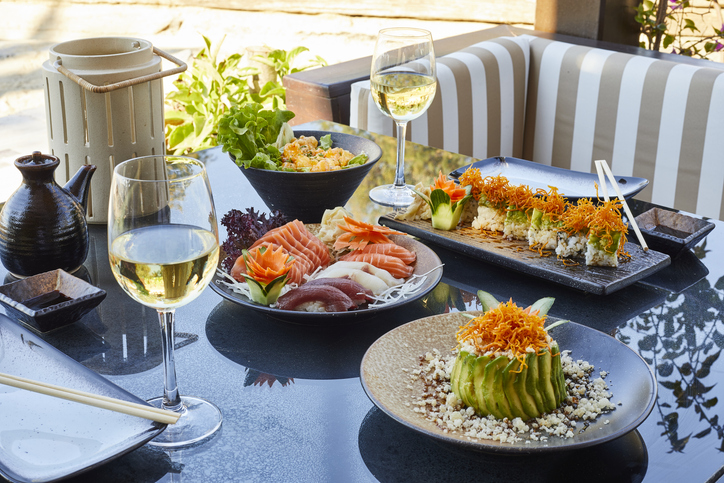Sushi set, Shrimp tempura served with wasabi and ginger, soy sauce, white vine